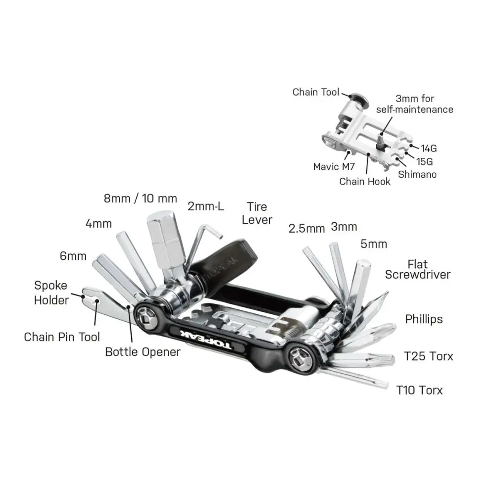 Topeak Ninja Toolbox T20 - Topeak Ninja Toolbox T20 Waterproof w/mini 20, 20 function tool w/chaintool, Quickclick mount