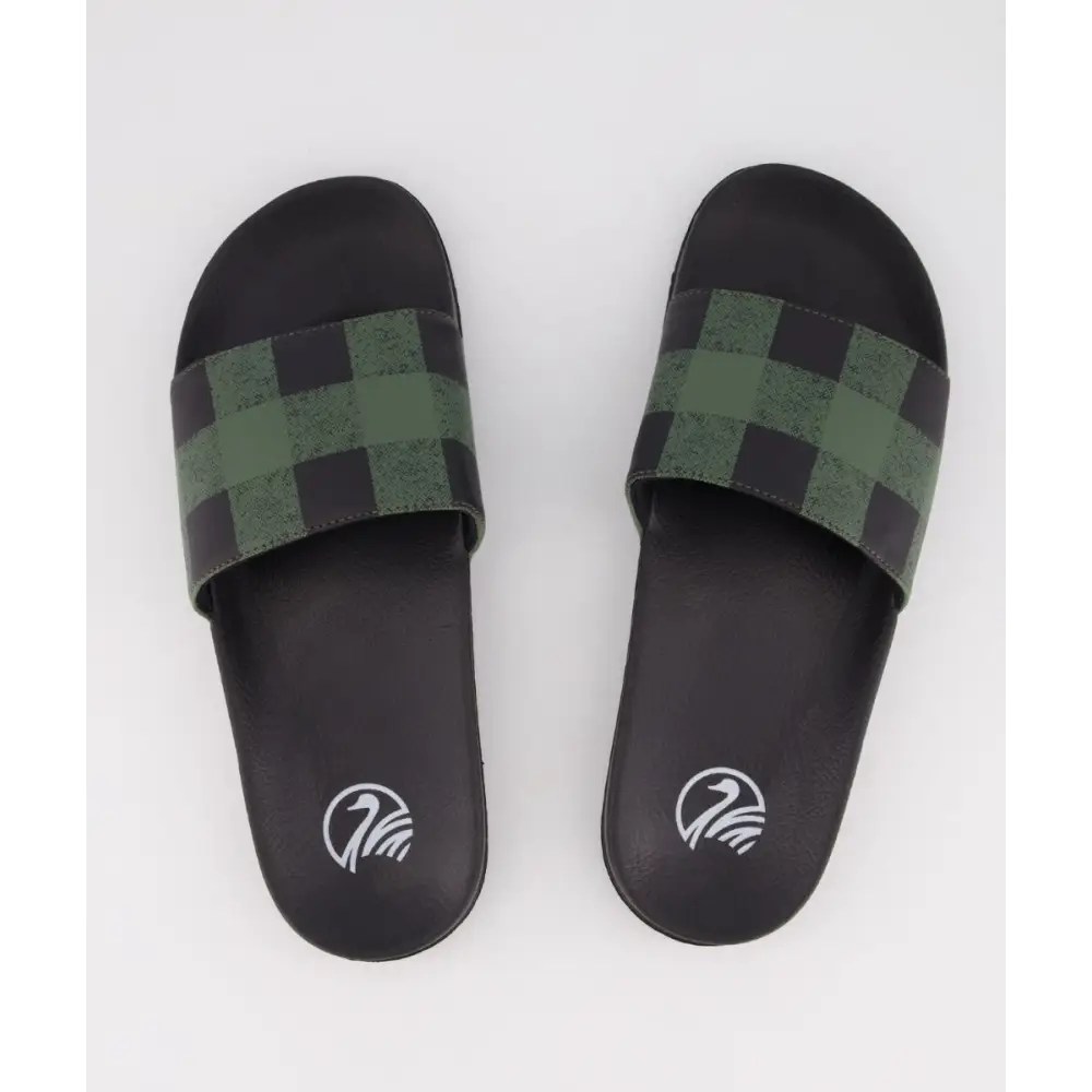 Checked Slides Olive - FOOTWEAR