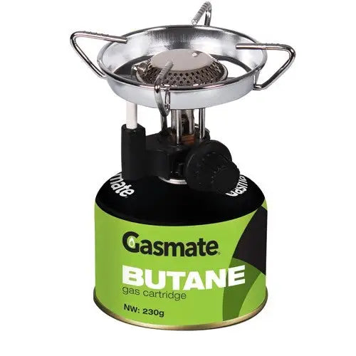 Gasmate Backpacker Stove with Piezo. This Gasmate's Backpacker Stove features a piezo for easy lighting and a windshield to protect your flame from the elements. It produces 9,950 BTUs from a screw in butane canister (sold separately) and will boil 1 litre of water in approximately 4.5 minutes.